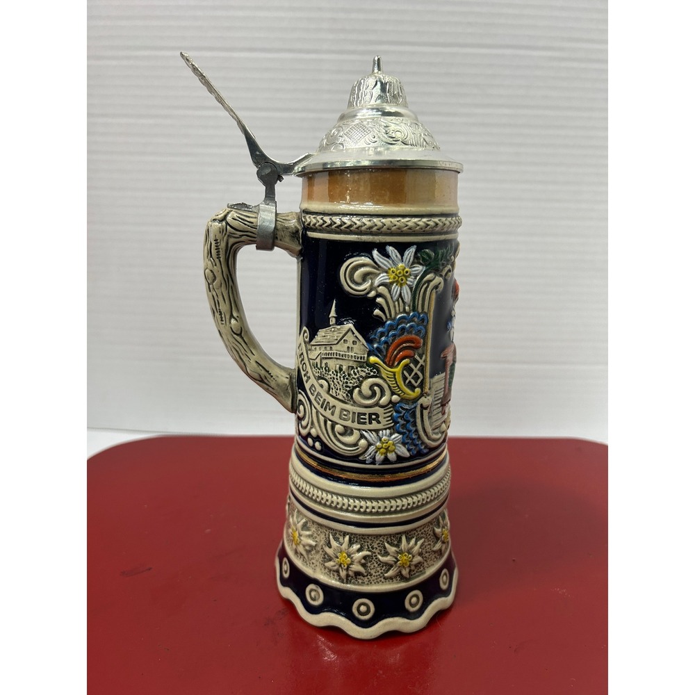 MAPSA Musical Tavern Relief Beer Stein Cobalt Blue Swiss Movement Bavarian